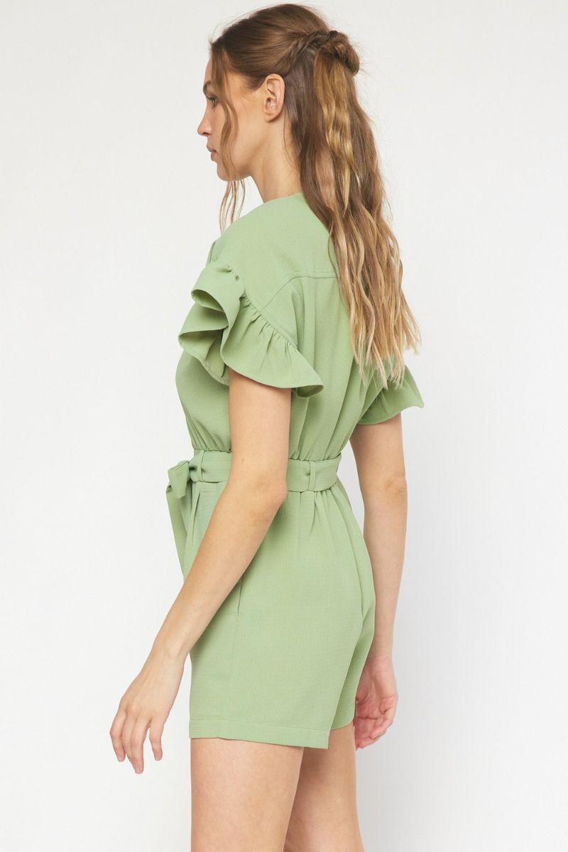 Waffle textured round neck button up ruffle sleeve romper image 2