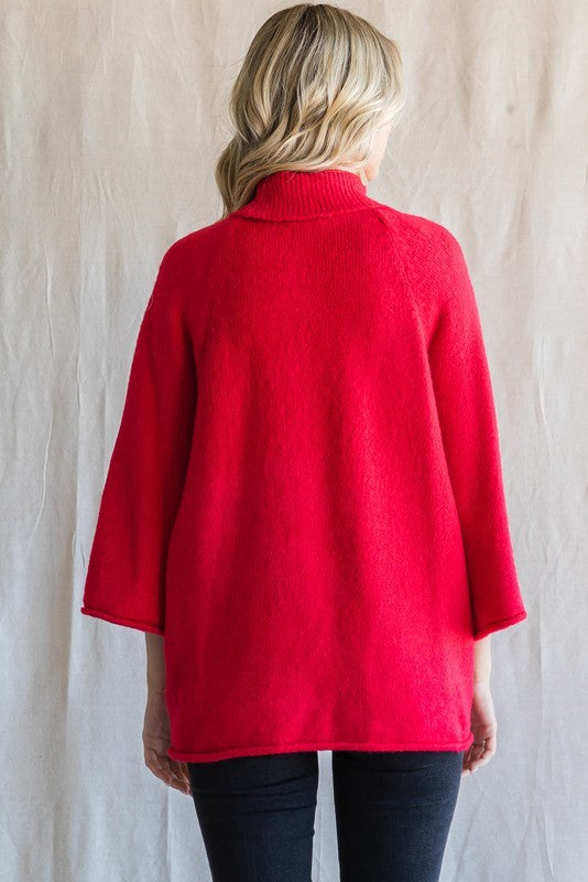 Solid 3/4 Red Dolman Sleeves Turtleneck Pullover image 1