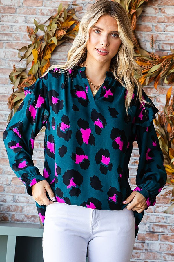 Leopard Print Split Neck Long Sleeve Blouse image 12