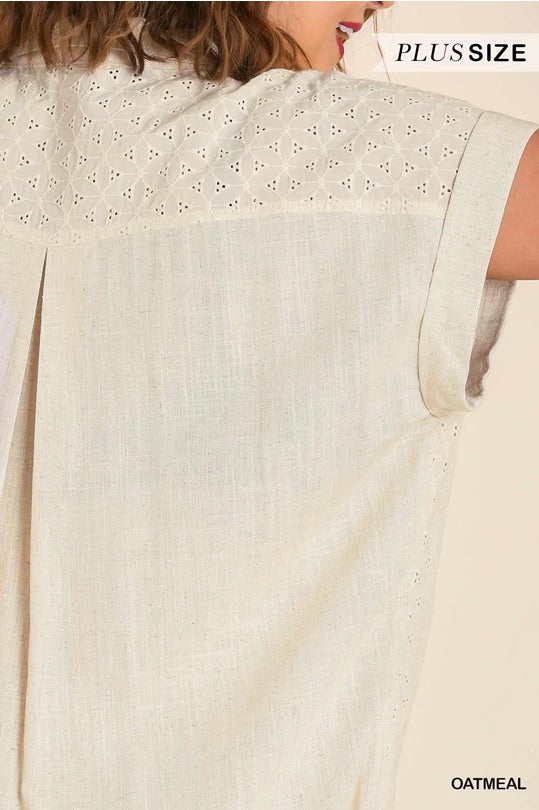(W) Linen Blend Eyelet Short Sleeve Collared Button Up Dress image 4