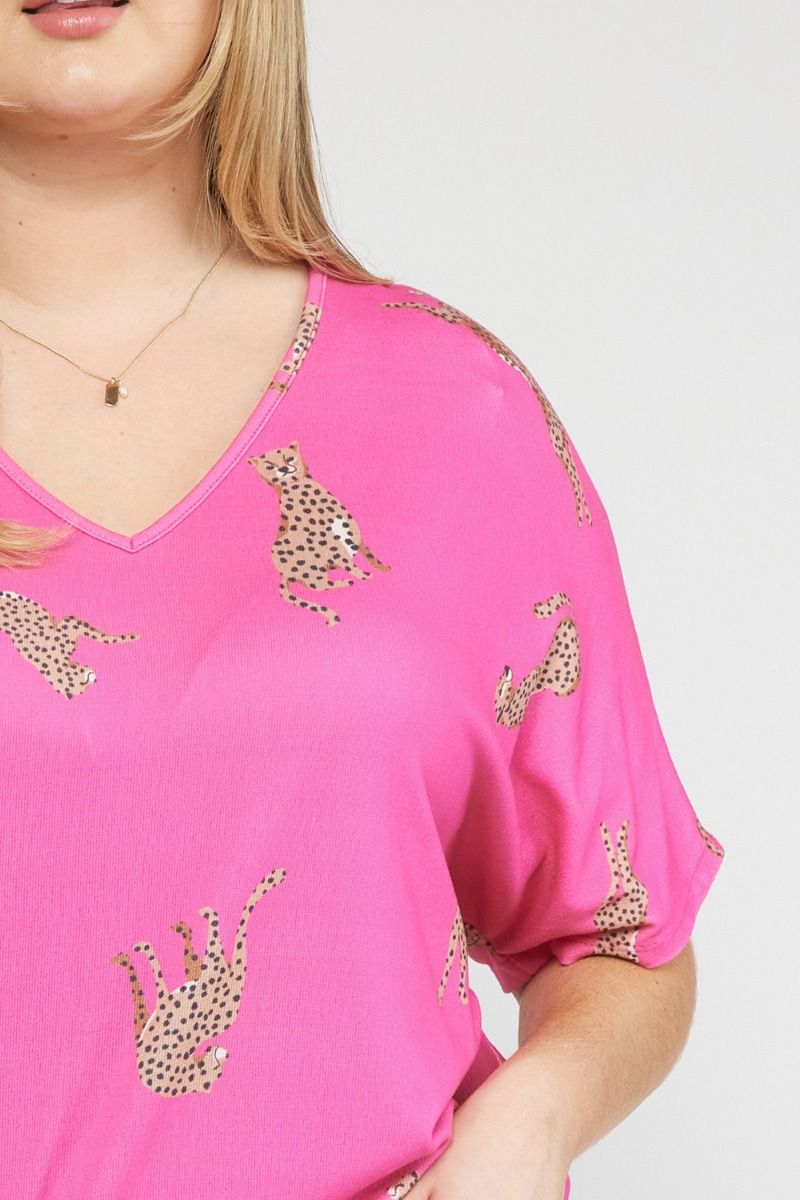 Cheetah print v-neck short sleeve top featuring drop shoulder. image 5