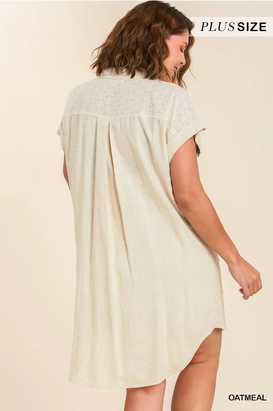 (W) Linen Blend Eyelet Short Sleeve Collared Button Up Dress image 5