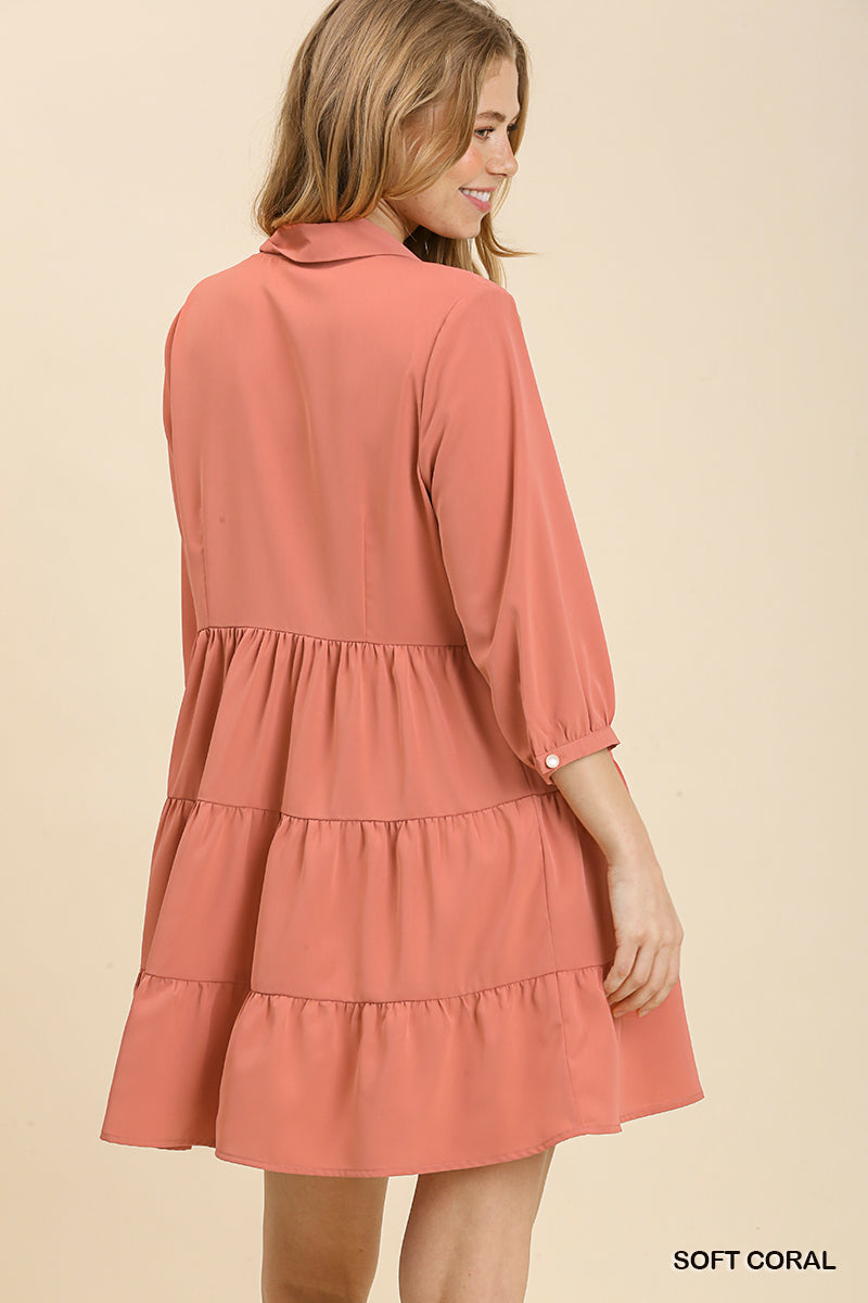 Soft Coral Empire Waist Collared Button Up Tiered Dress image 4