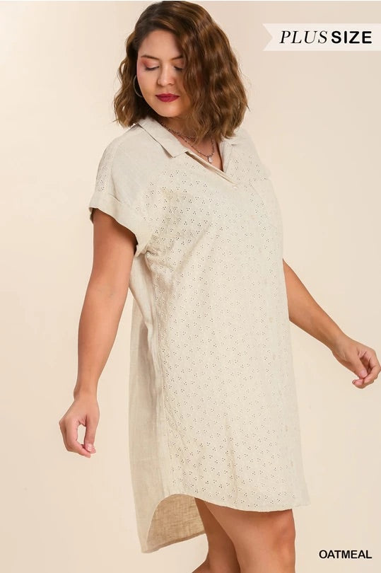 (W) Linen Blend Eyelet Short Sleeve Collared Button Up Dress image 3