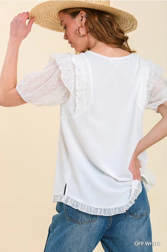 Mesh Polka Dot Puff Sleeve Top with Ruffle Trim Shoulder with No Lining image 3