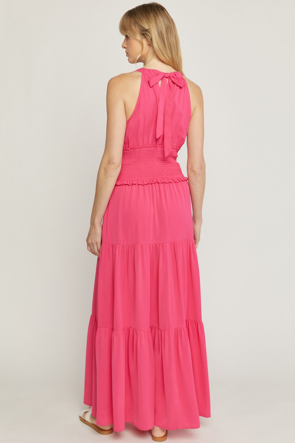 Pink solid v-neck sleeveless tiered maxi dress image 6