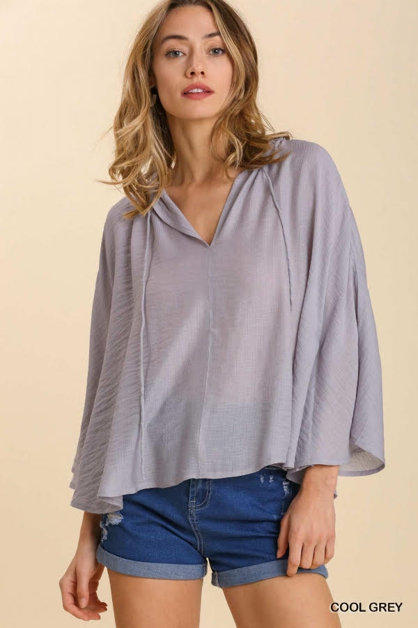 Sheer Textured Detail Flowy Cape Tie Front Top with Slit Sleeves image 4