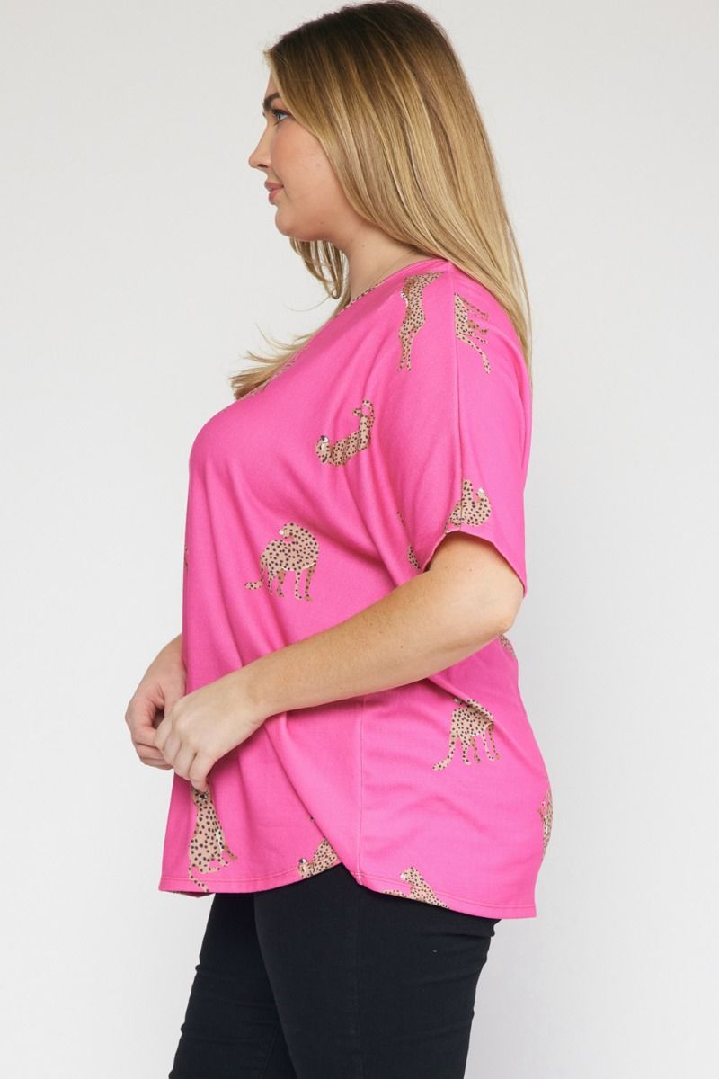 Cheetah print v-neck short sleeve top featuring drop shoulder. image 2