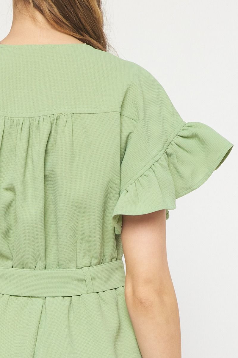 Waffle textured round neck button up ruffle sleeve romper image 6