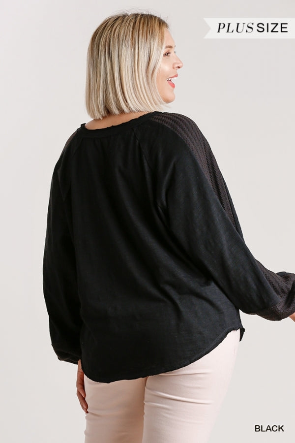 Wide Neck Top with Raw Edged Details and Contrast Knit on Puff Sleeves image 2