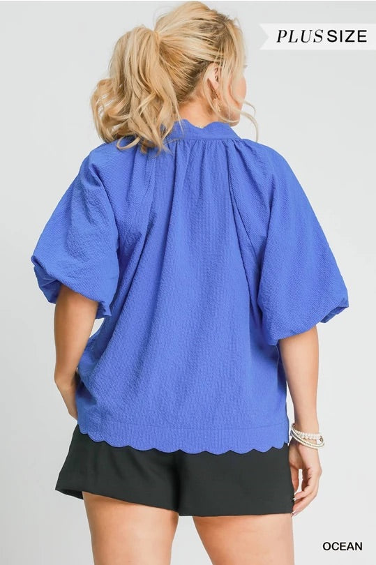 (W) Ocean Blue Bubbled Sleeved Seersucker Top image 4