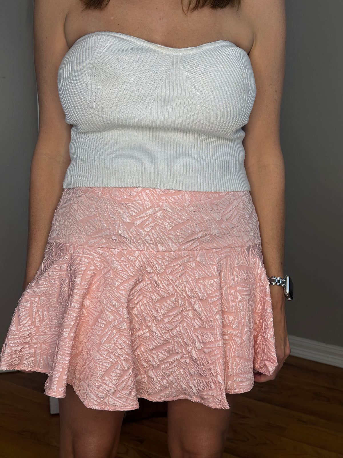 Pink Solid Textured Flare Mini Skirt
