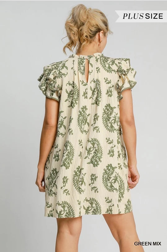 (W) Green Mix Paisley Print Tiered Mini Dress image 4