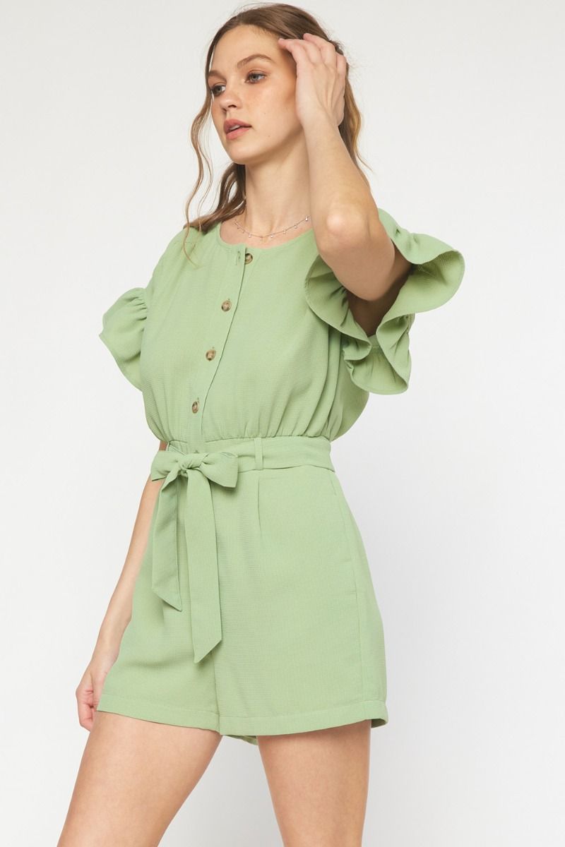 Waffle textured round neck button up ruffle sleeve romper image 1