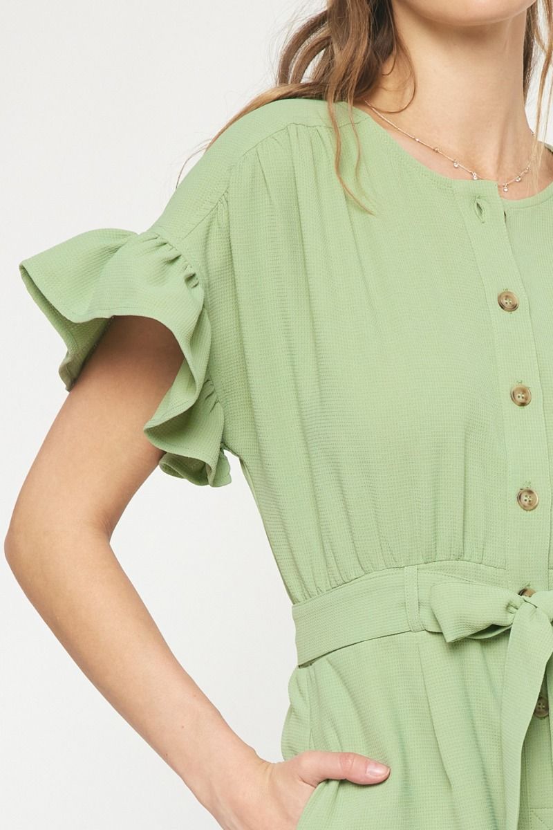 Waffle textured round neck button up ruffle sleeve romper image 5