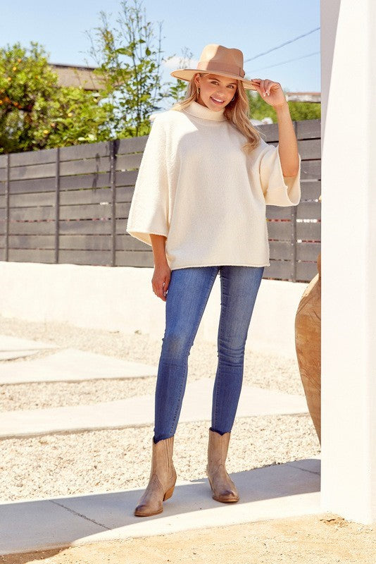 Solid 3/4 Cream Colored Dolman Sleeves Turtleneck Pullover image 6