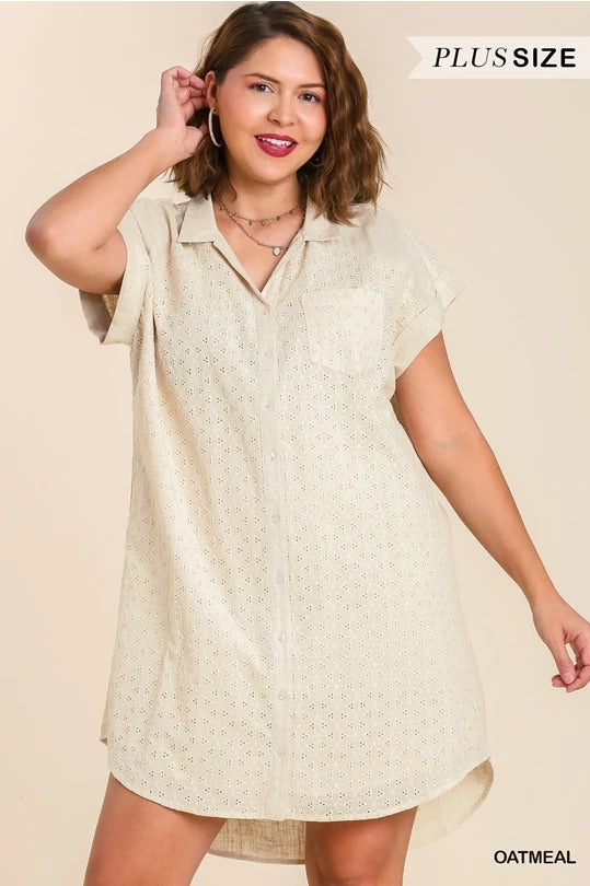 (W) Linen Blend Eyelet Short Sleeve Collared Button Up Dress image 1
