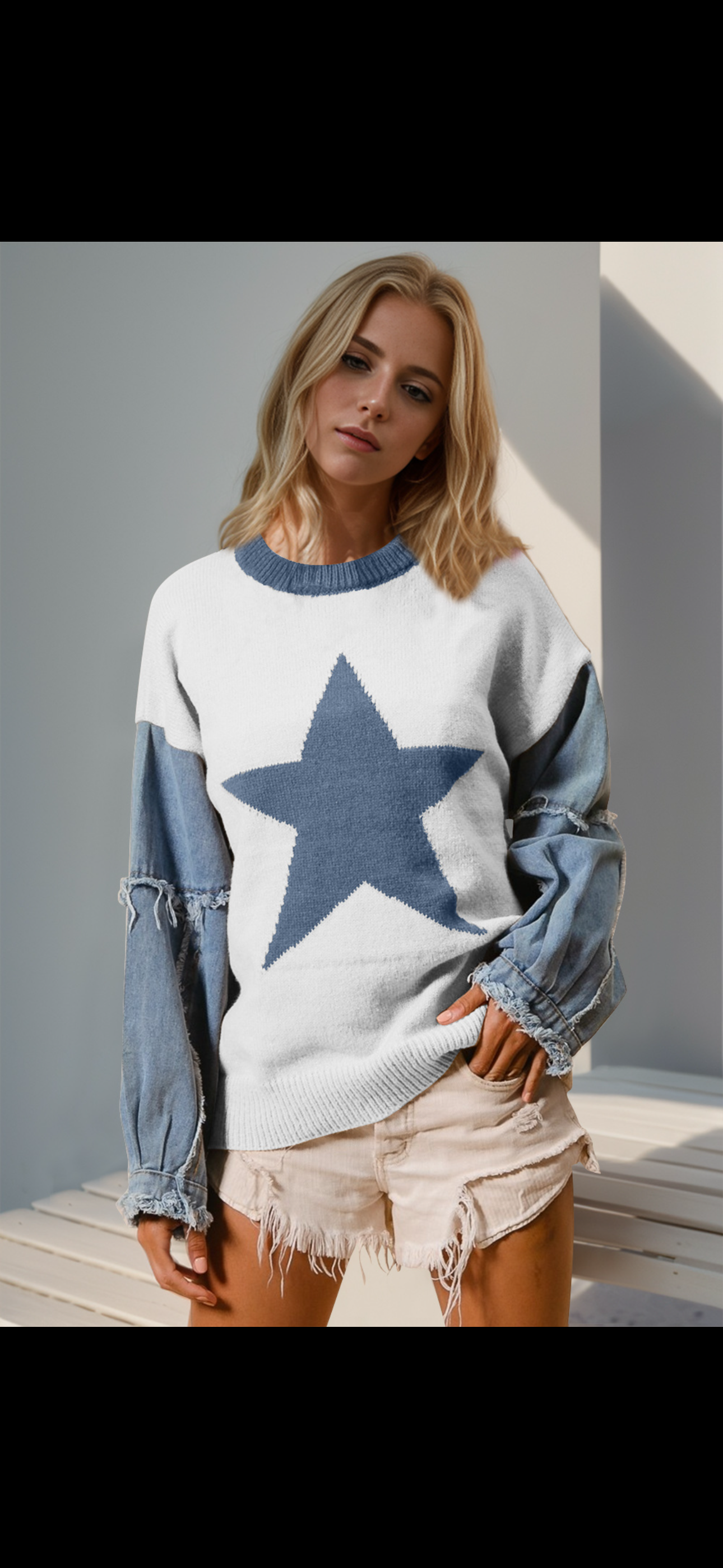 Double Take Full Size Star Pattern Raw Edge Long Sleeve Sweater