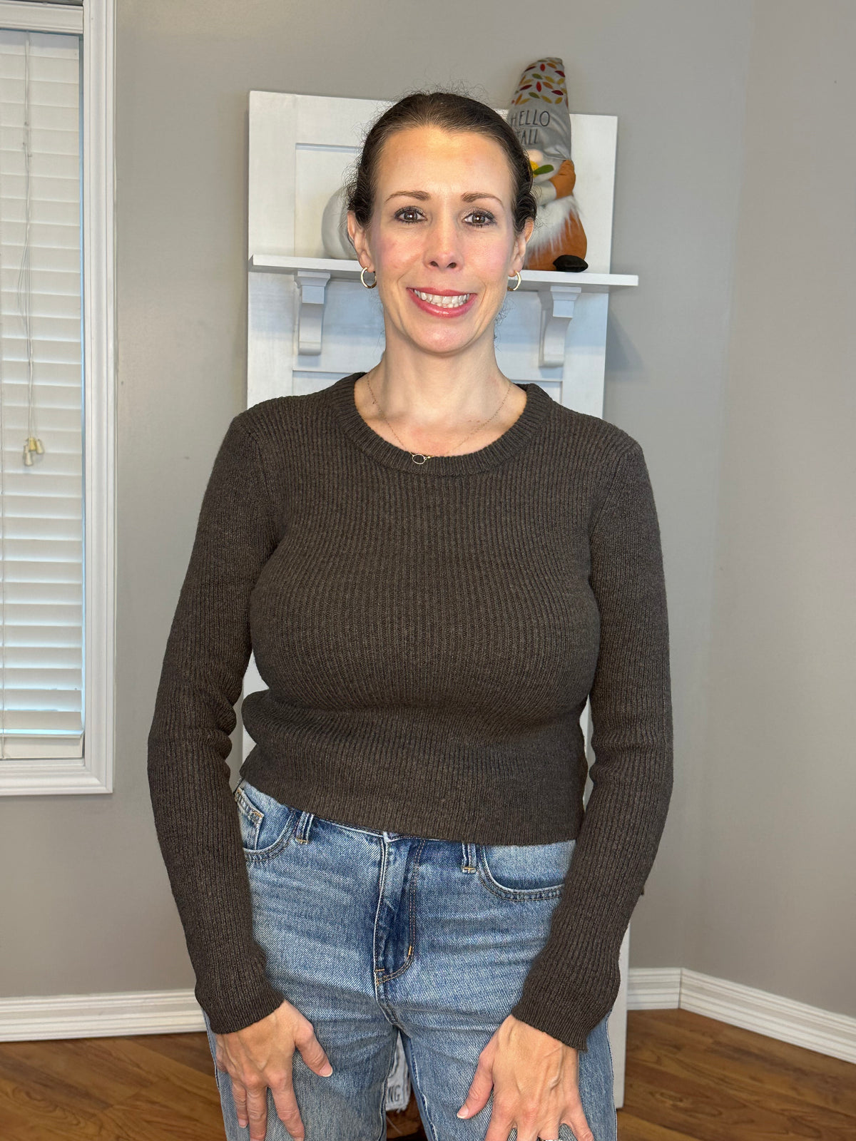 Long Sleeve Crew Neck Sweater Top - Brown