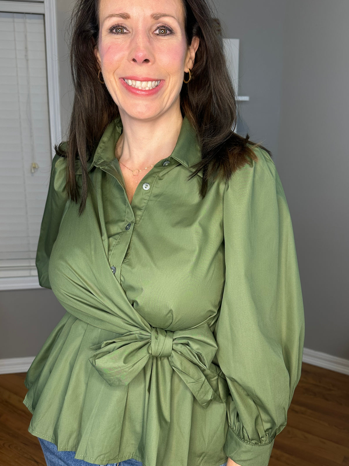 Puff Sleeve Tie-Front Collared Blouse