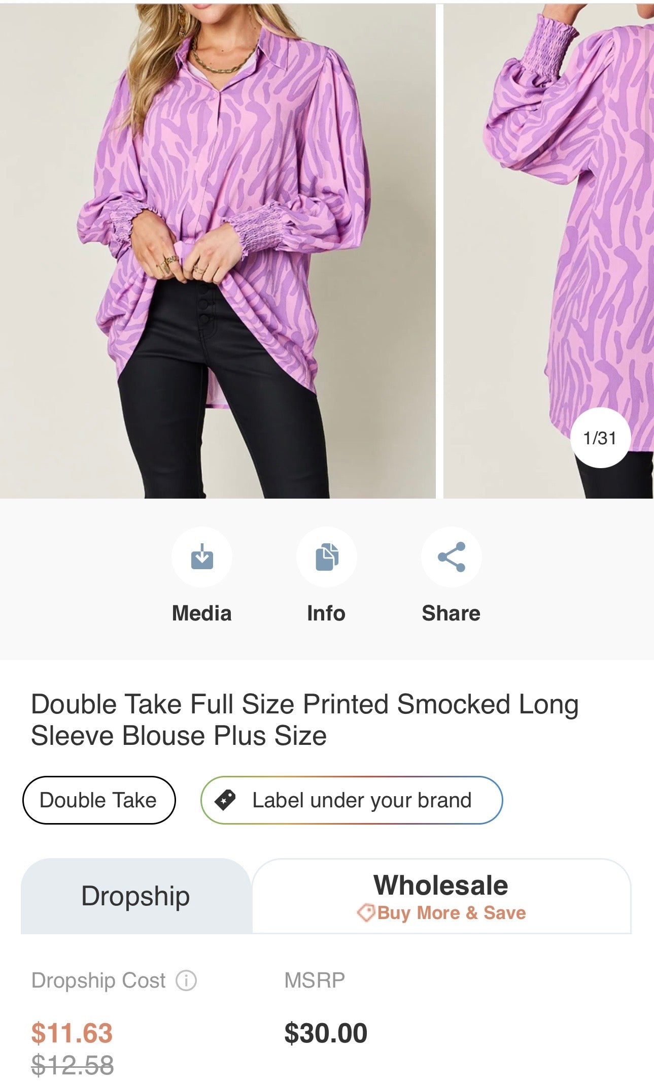 Double Take Full Size Printed Smocked Long Sleeve Blouse Plus Size