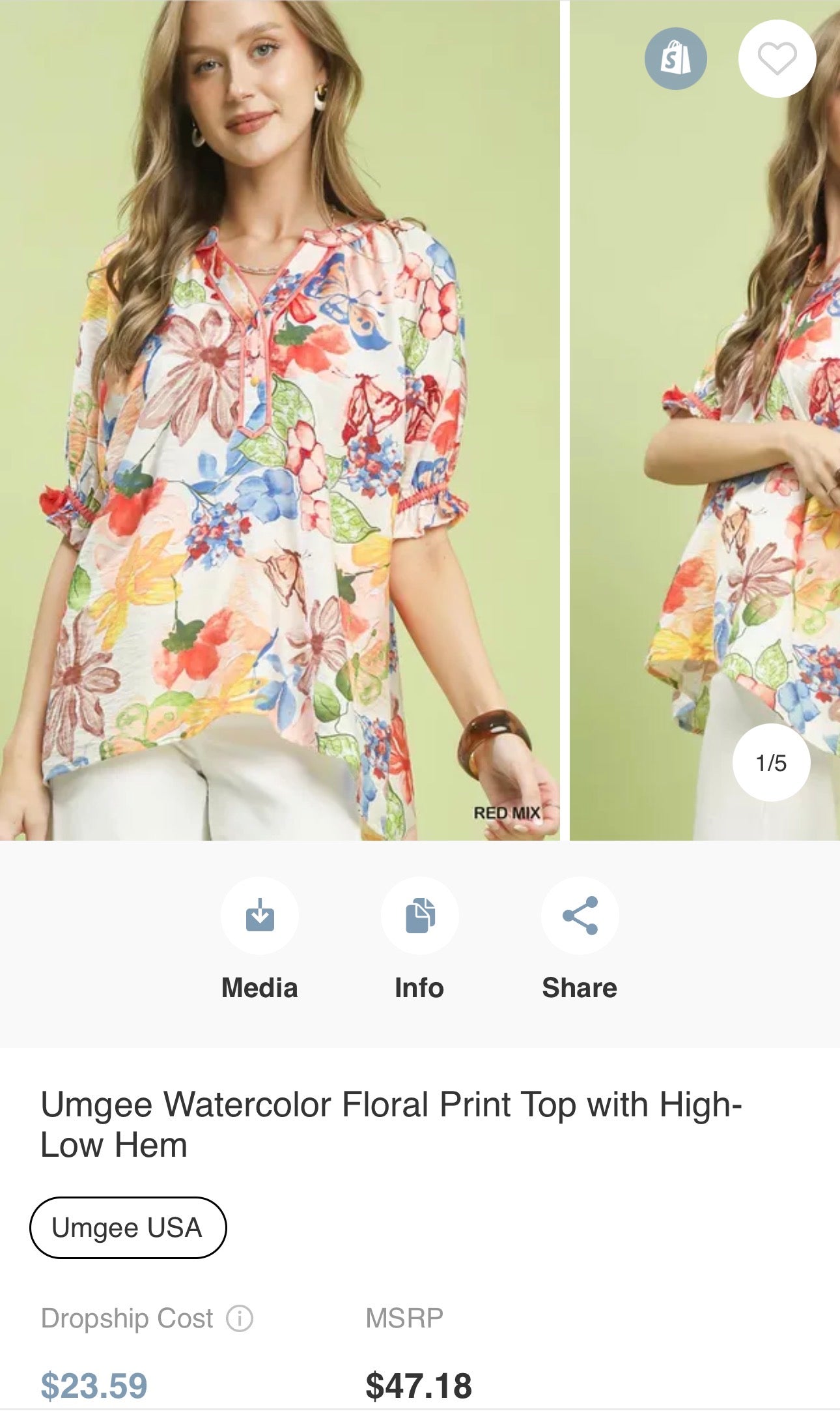 Umgee Watercolor Floral Print Top with High-Low Hem