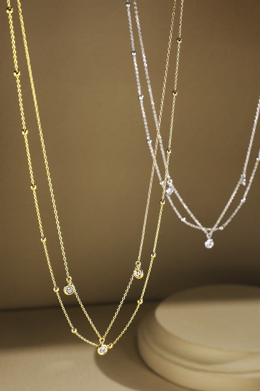 Silver brass layered cubic & ball chain necklace image 1