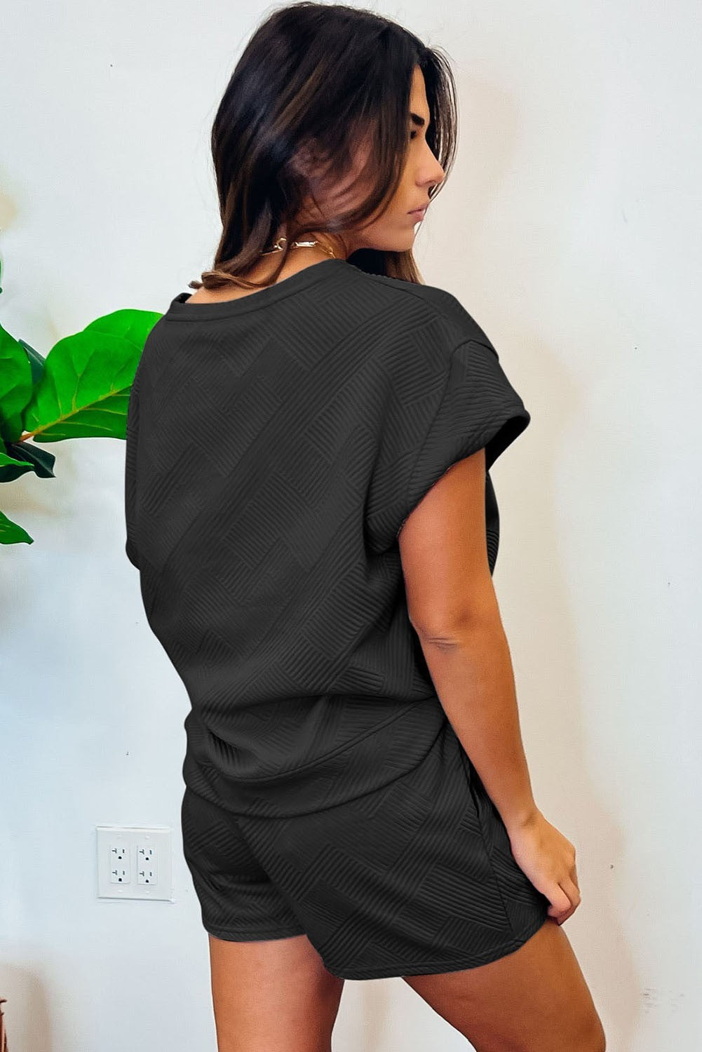 2pcs Solid Textured Drawstring Shorts Set image 1