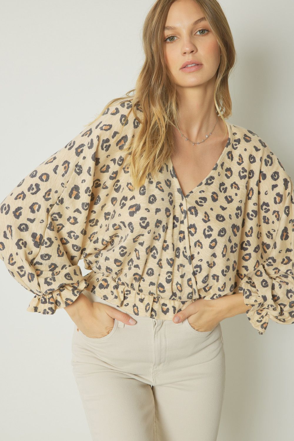 Leopard print surplice crop long sleeve top image 0