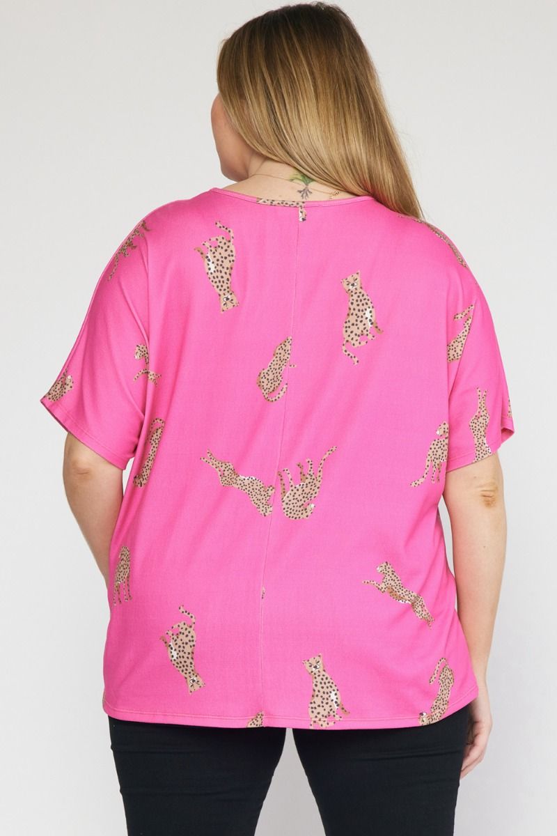 Cheetah print v-neck short sleeve top featuring drop shoulder. image 3