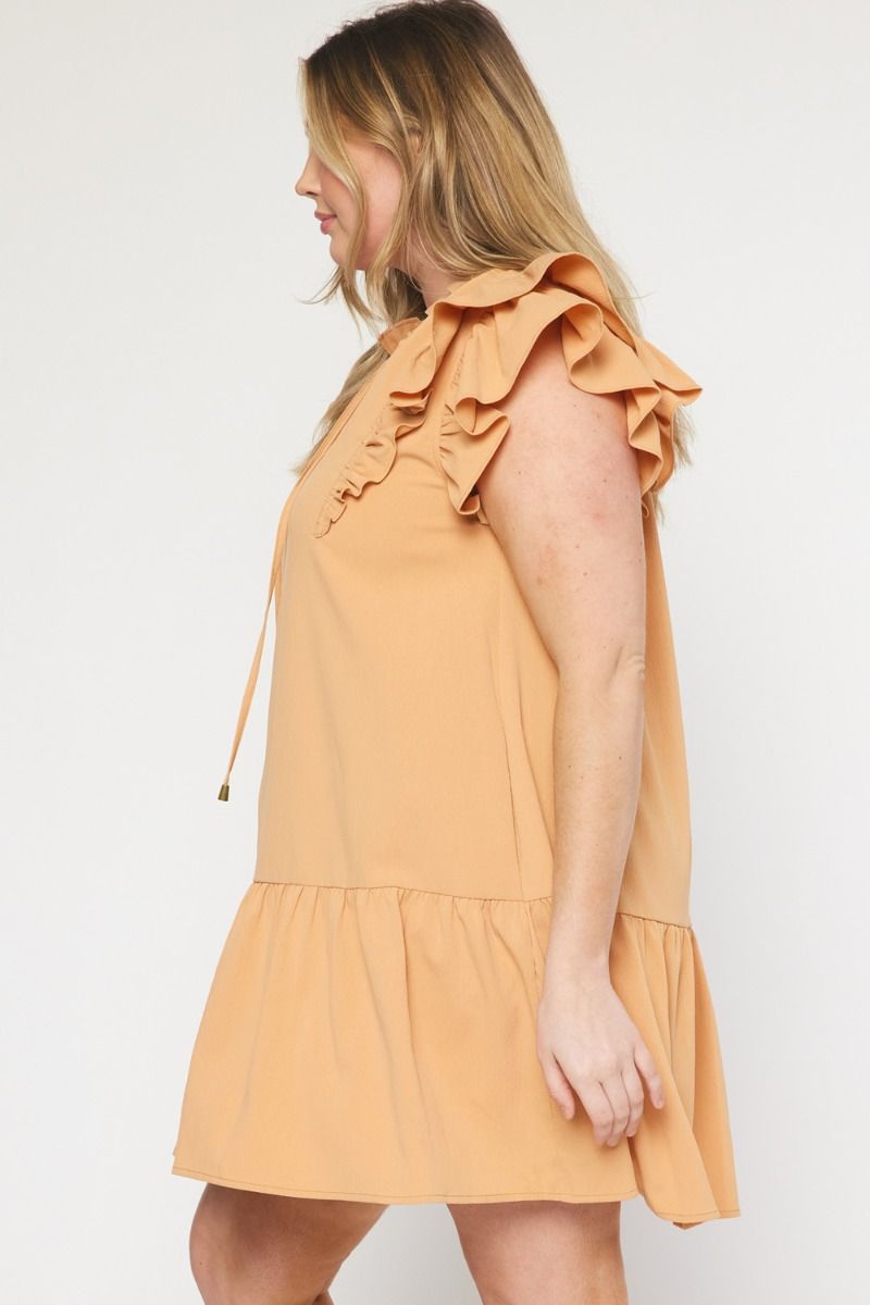 V-neck ruffle sleeve tiered mini dress featuring self tie closure at front image 2