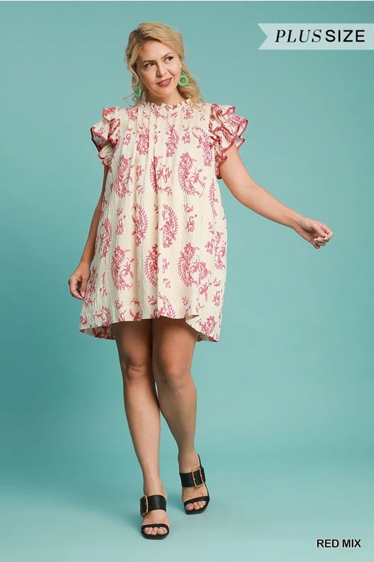 (W) Red Mix Paisley Print Tiered Mini Dress image 1