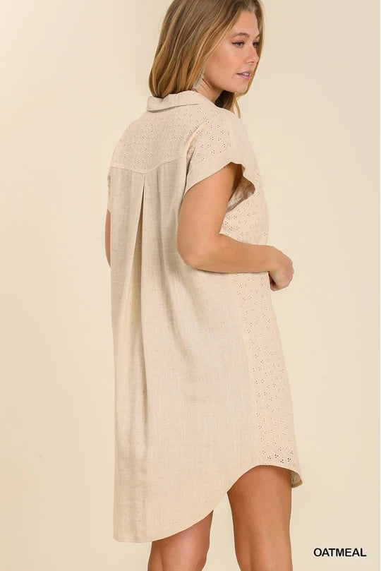 Linen Blend Eyelet Short Sleeve Collared Button Up Dress with High Low Hem Scoop image 4