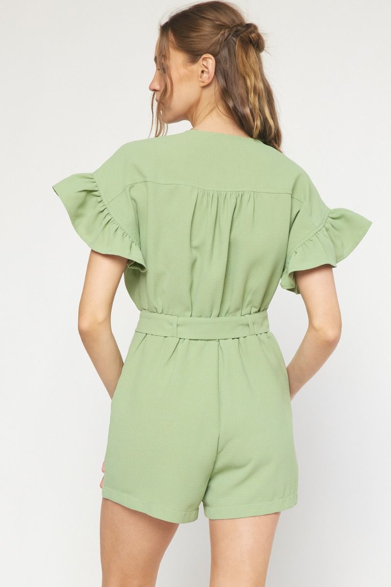 Waffle textured round neck button up ruffle sleeve romper image 3