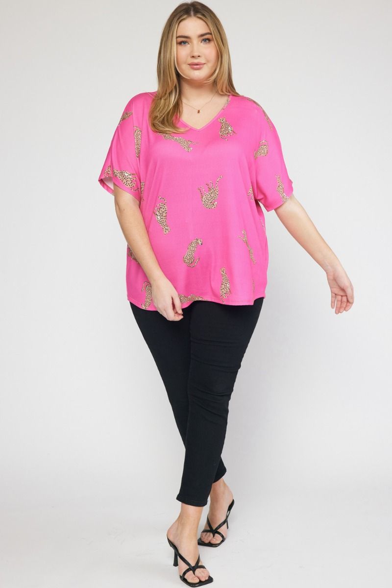 Cheetah print v-neck short sleeve top featuring drop shoulder. image 4