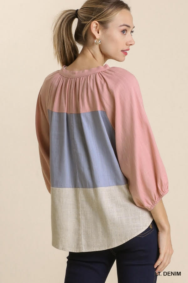 Linen Blend Colorblock Open Front Tie Top with Balloon Sleeve image 4
