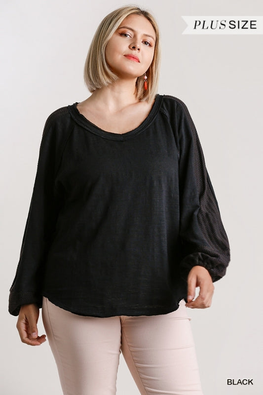 Wide Neck Top with Raw Edged Details and Contrast Knit on Puff Sleeves image 0