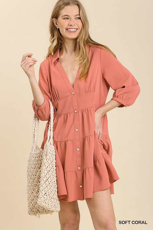 Soft Coral  Empire Waist Collared Button Up Tiered Dress image 0