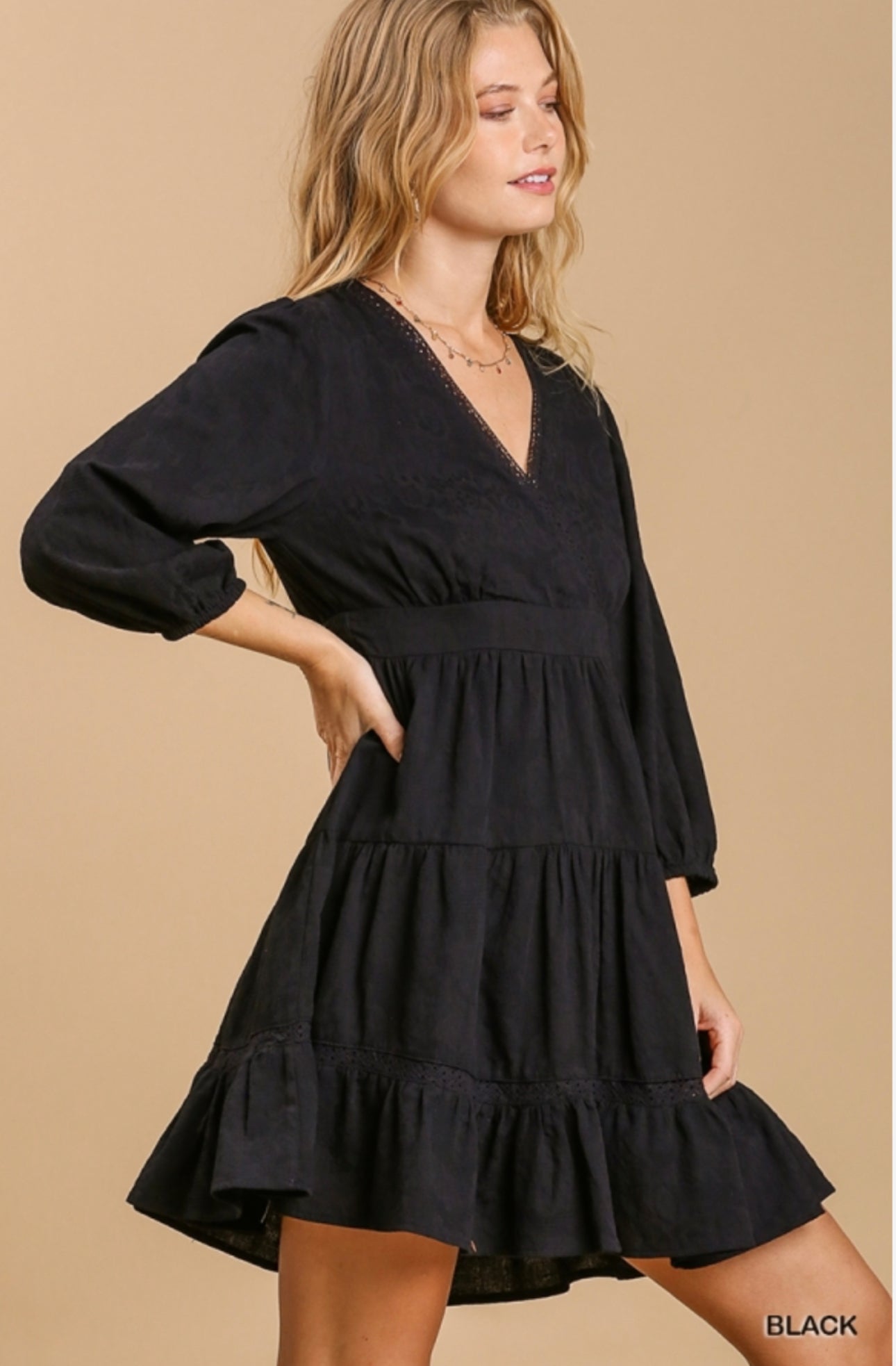 Black Eyelet Detail Tiered Dress 3/4 Sleeves with No Lining image 2
