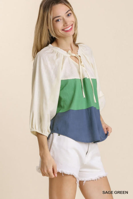 Linen Blend Colorblock Open Front Tie Top with Balloon Sleeve image 0