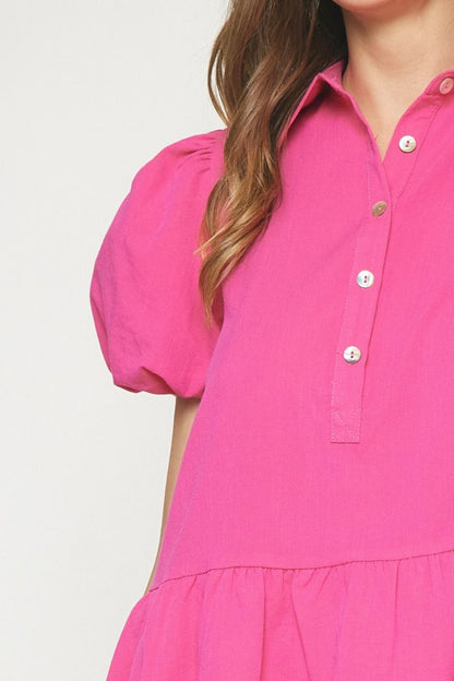 Hot pink solid collared button up dress featuring bubble hem and sleeves. image 5
