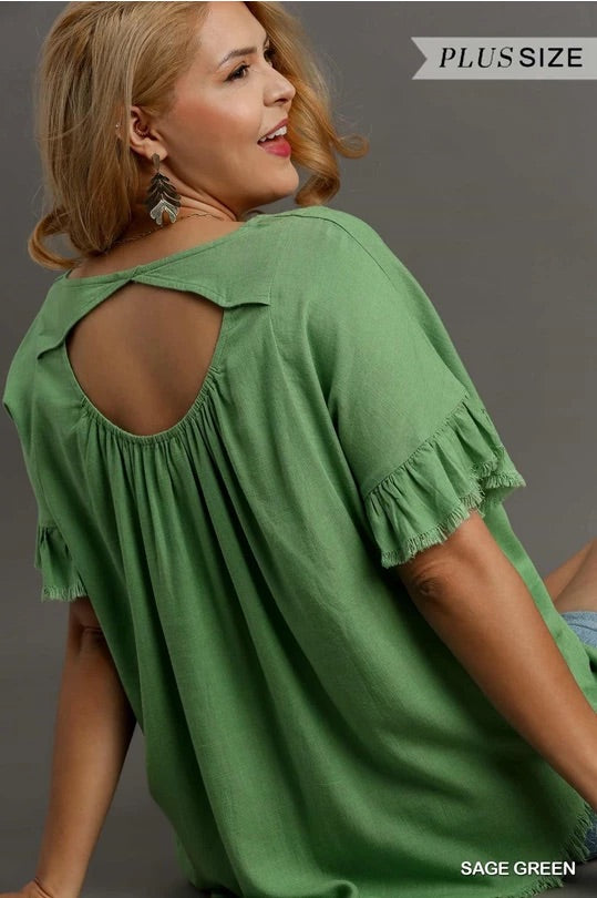 Sage Green Linen Blend Round Neck Ruffle Sleeves Top image 4