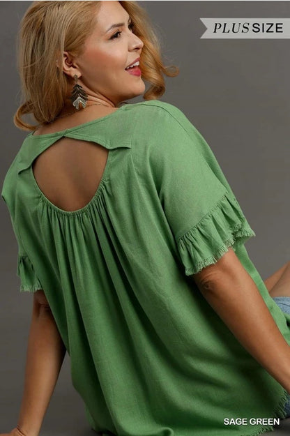 Sage Green Linen Blend Round Neck Ruffle Sleeves Top image 4