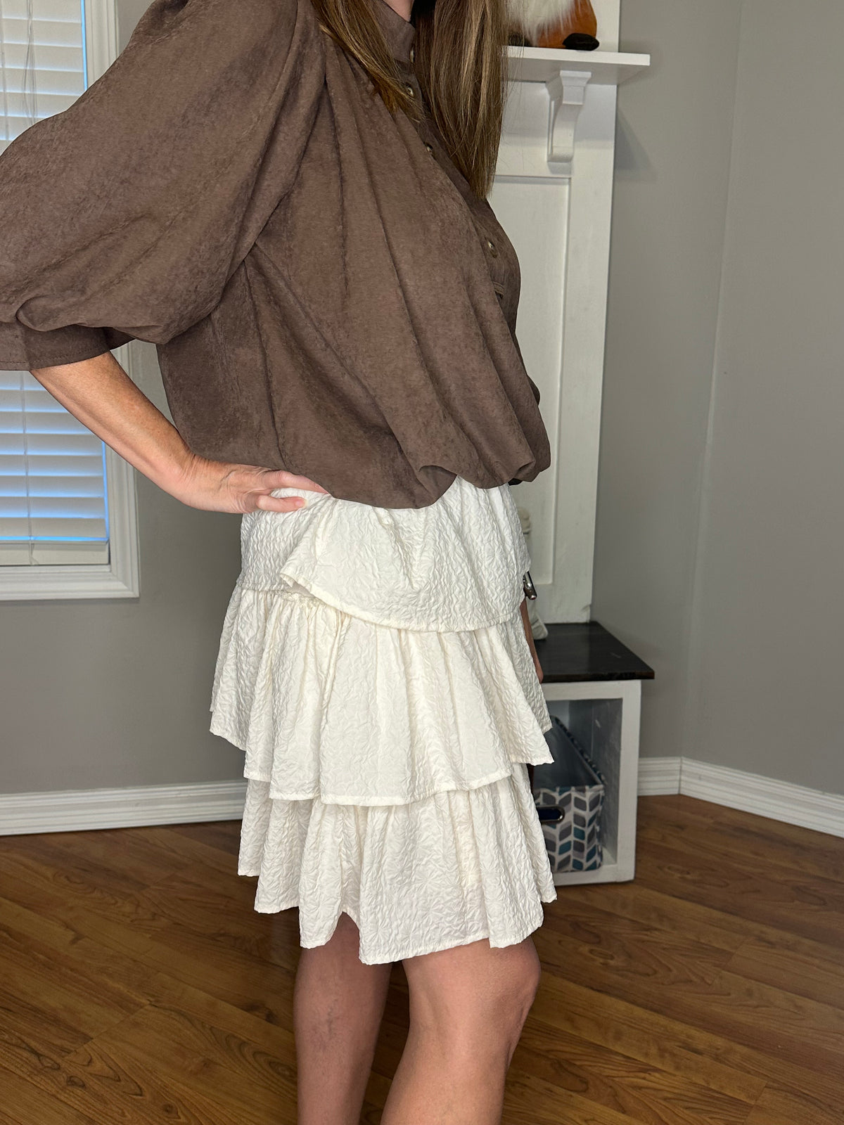 White Textured Ruffle Tiered Mini Skirt
