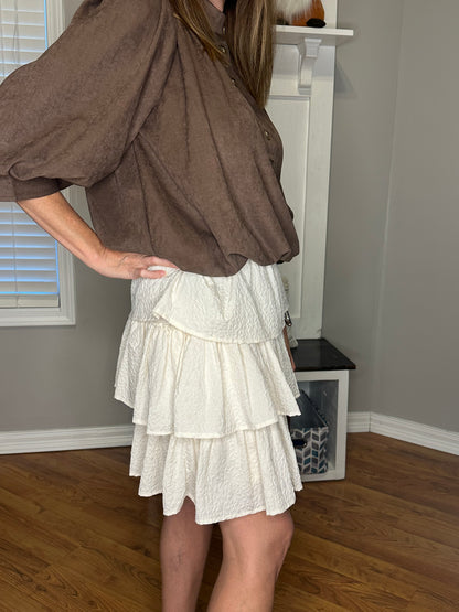 White Textured Ruffle Tiered Mini Skirt