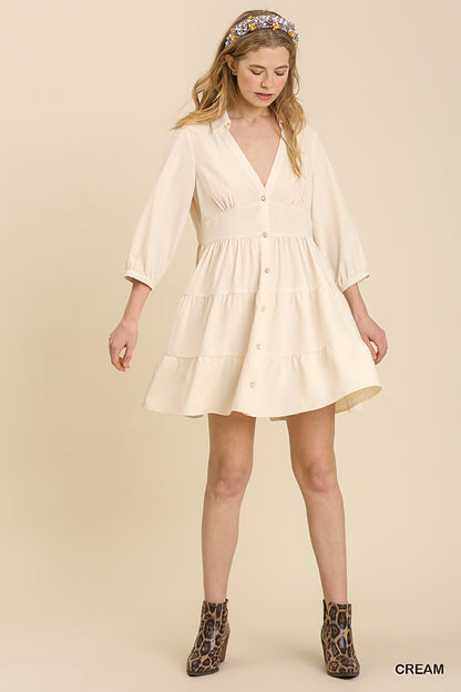Cream Empire Waist Collared Button Up Tiered Dress image 1