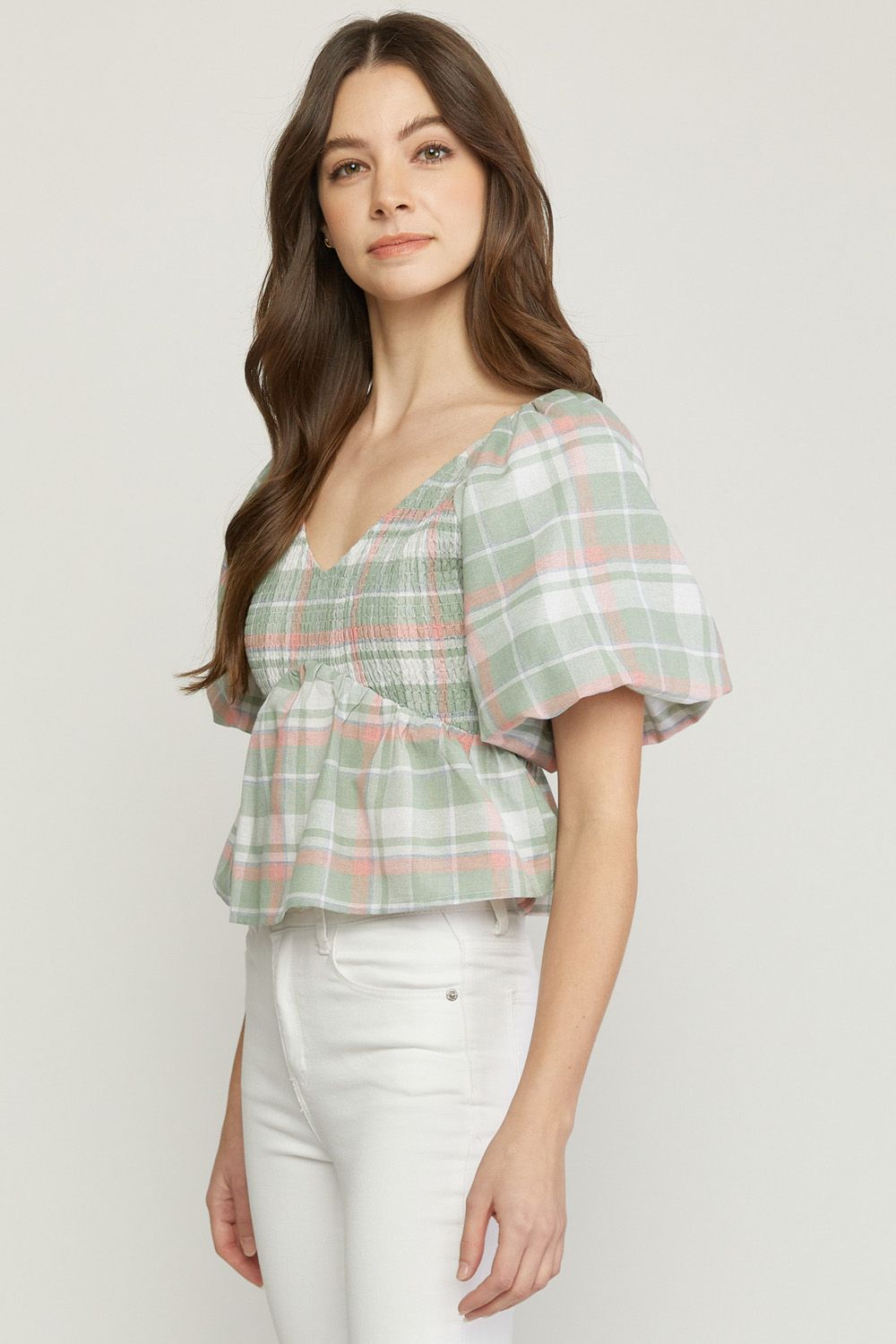Sage plaid print v neck bubble sleeve peplum top image 1
