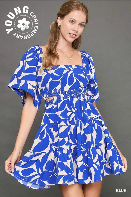 Blue Abstract Print Detailed Dress image 0