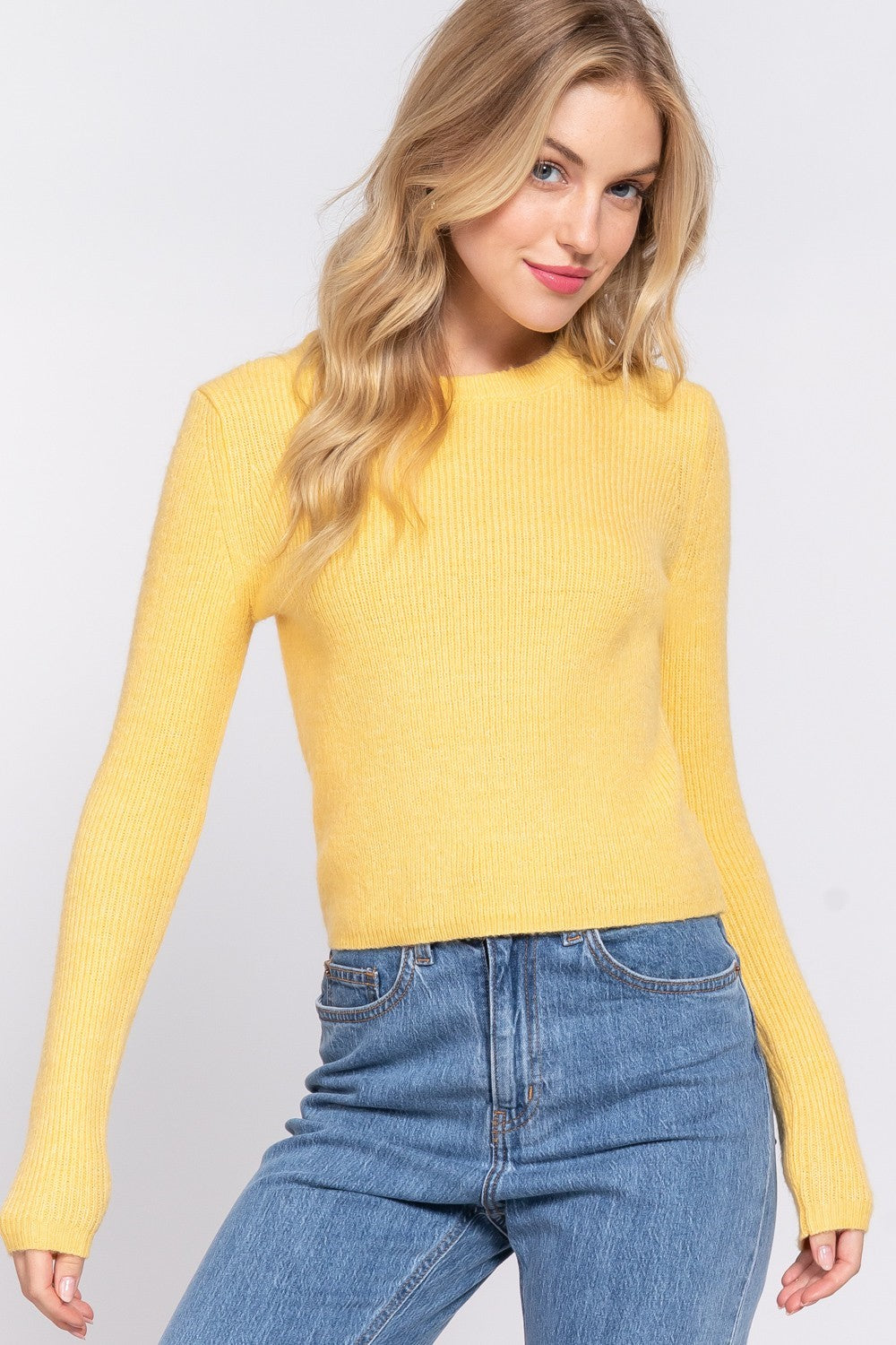Long Sleeve Crew Neck Sweater Top - Yellow image 2