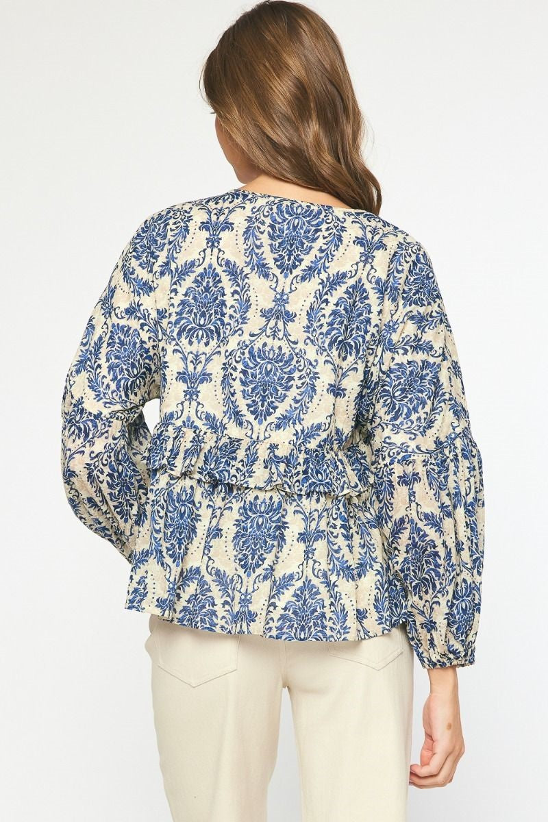 Midnight Blue Printed babydoll long sleeve top featuring ruffle detail. image 3